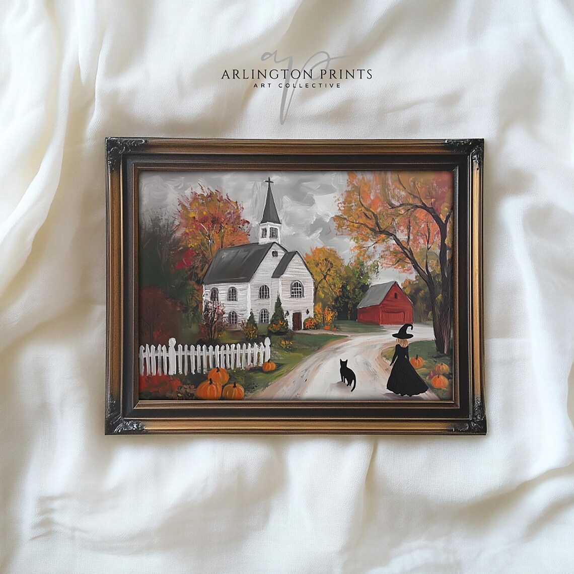 Salem Witch Black Cat Church Pumpkins Autumn Halloween Scene Poster