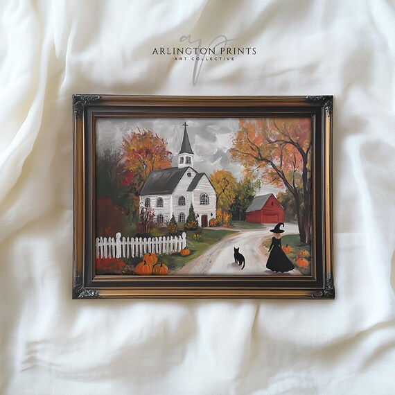 Salem Witch With Her Black Cat Print Haunted Church Halloween Witchy Wall Decor Spooky Season Wiccan Gifts Oil Painting H21