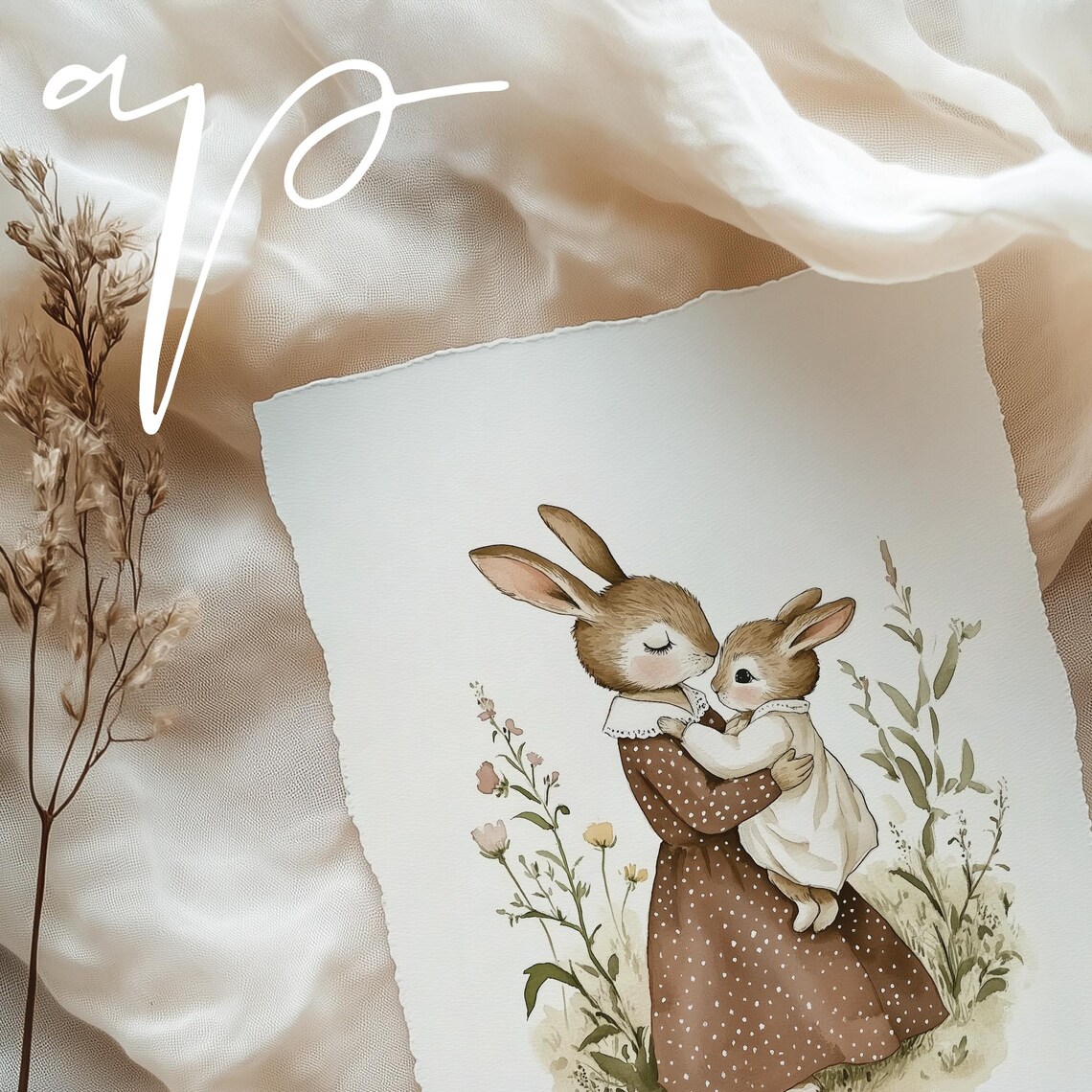 Mother Rabbit Hugging Her Baby Bunny Watercolor Nursery Poster - Image 6