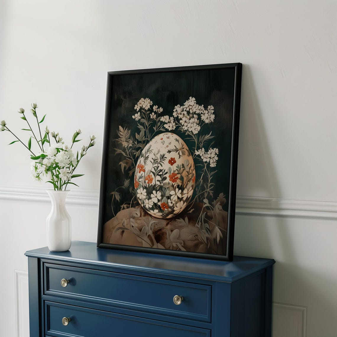 Floral Painted Easter Egg On Dark Botanical Background Poster - Image 2
