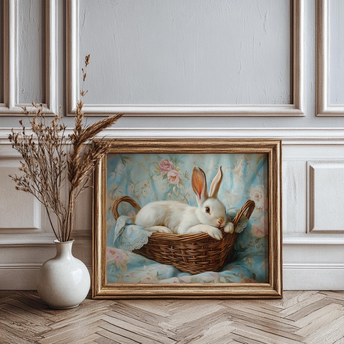 White Easter Bunny Resting in a Wicker Basket on Floral Fabric Poster - Image 2