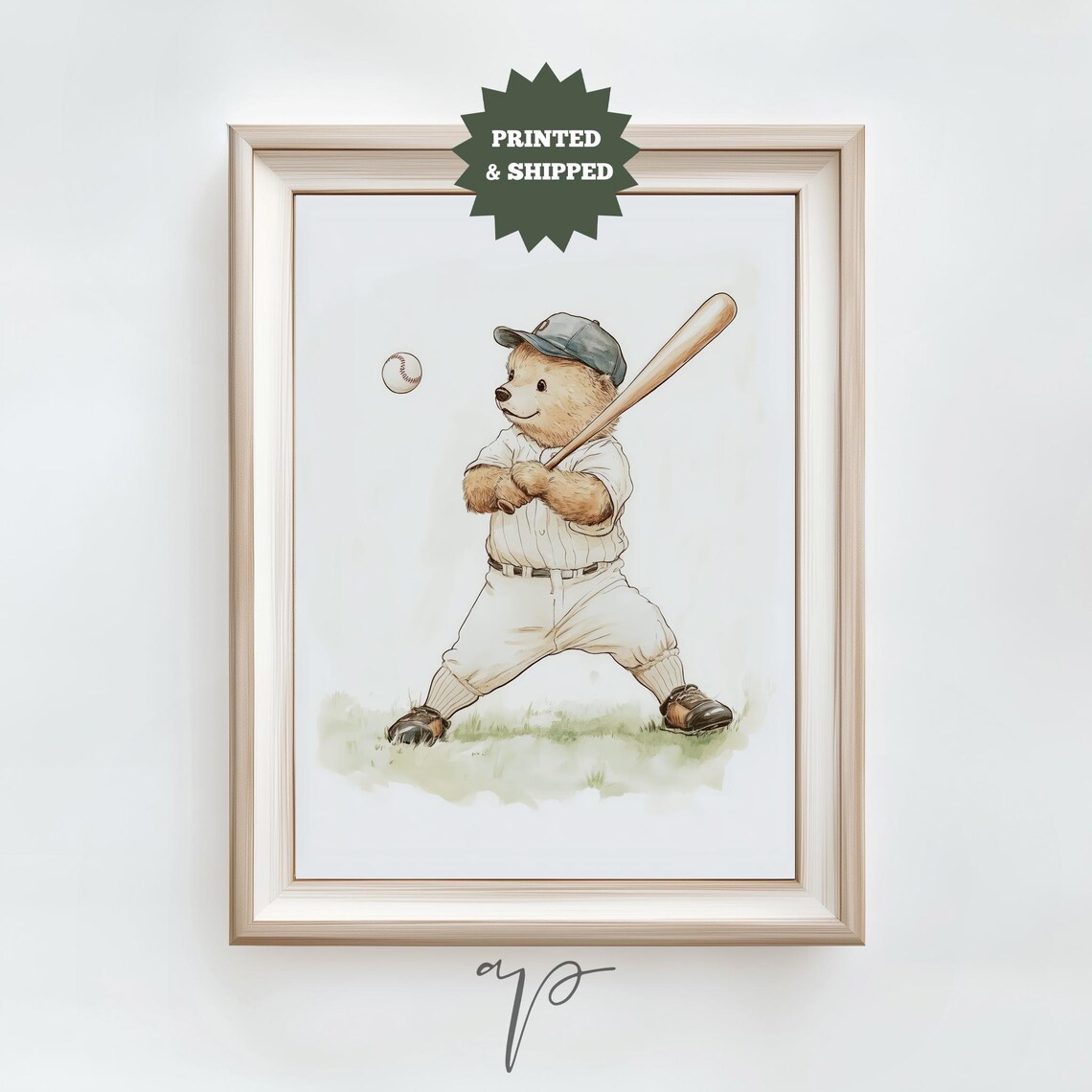 Teddy Bear Baseball Player Swinging Bat Vintage Sports Print