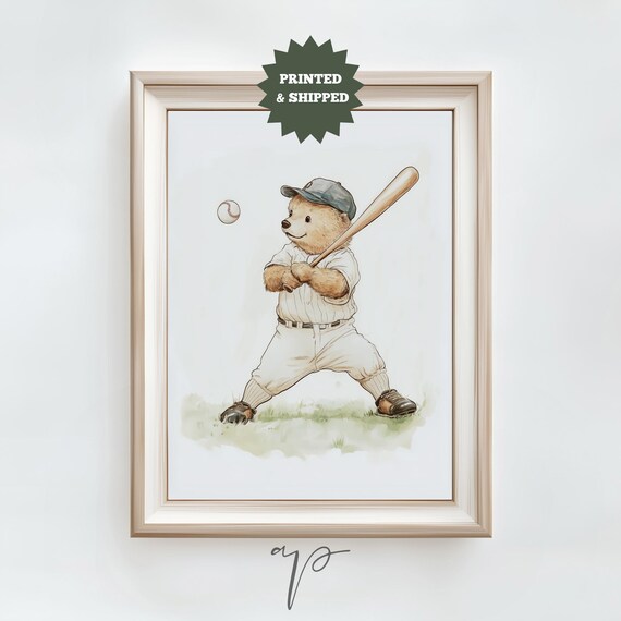 Teddy Bear Baseball Player Swinging Bat Vintage Sports Print