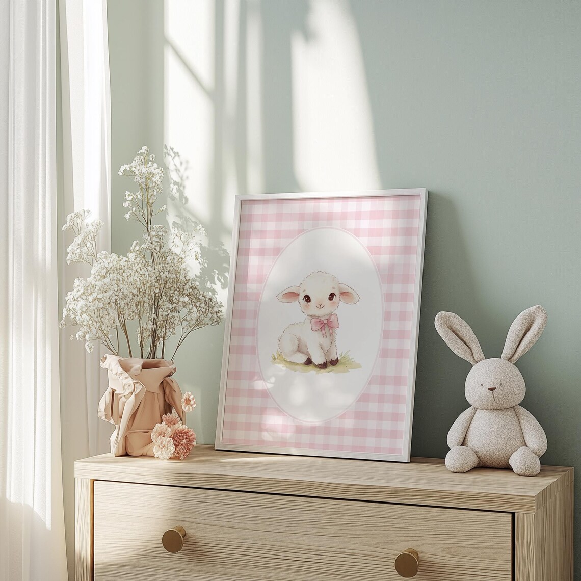 Sweet Lamb with Pink Bow on Gingham Cute Nursery Animal Art Poster - Image 3