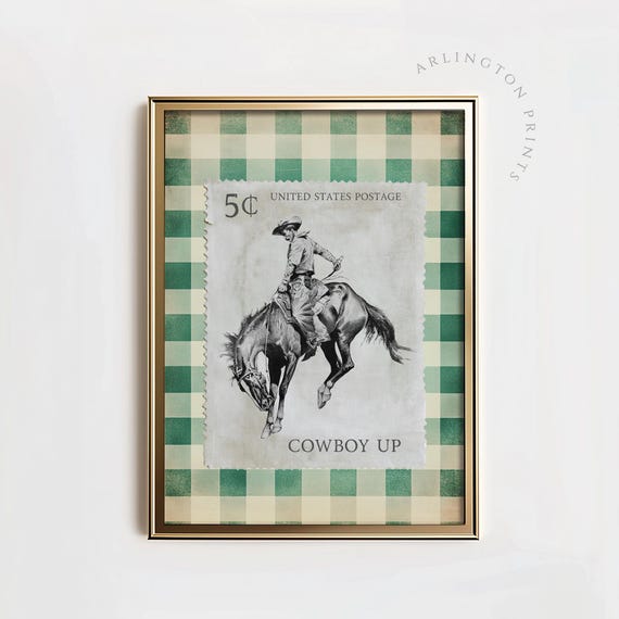 Western Cowboy Stamp Print, Mid-Century Ranch Style