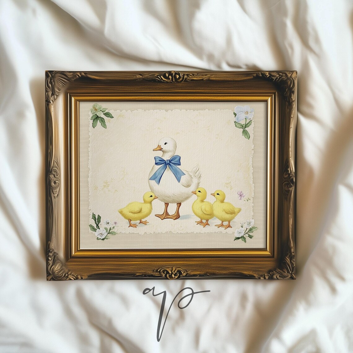 Mother Duck Ducklings Blue Bow Nursery Vintage Baby Room Art Poster - Image 2