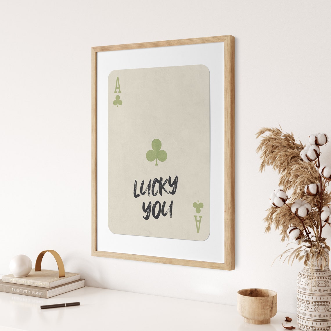 Lucky You Print Retro Ace Of Clubs Wall Art Green Beige Playing Card Poster Aesthetic Ace Card Artwork Preppy Bar Cart Decor - Image 2