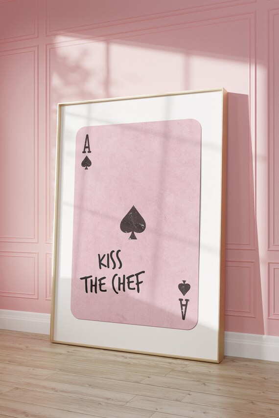 Kiss The Chef Print Kitchen Wall Art Pink Black Ace Of Spades Artwork Cute Cooking Art Dining Room Wall Decor Retro Playing Card Poster