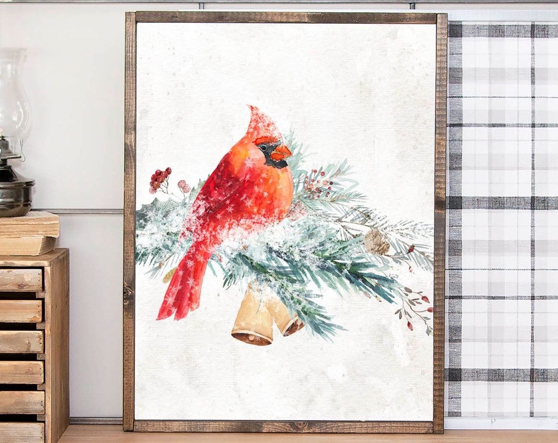 Red Cardinal On Snowy Pine Branch Golden Bells Winter Bird Poster