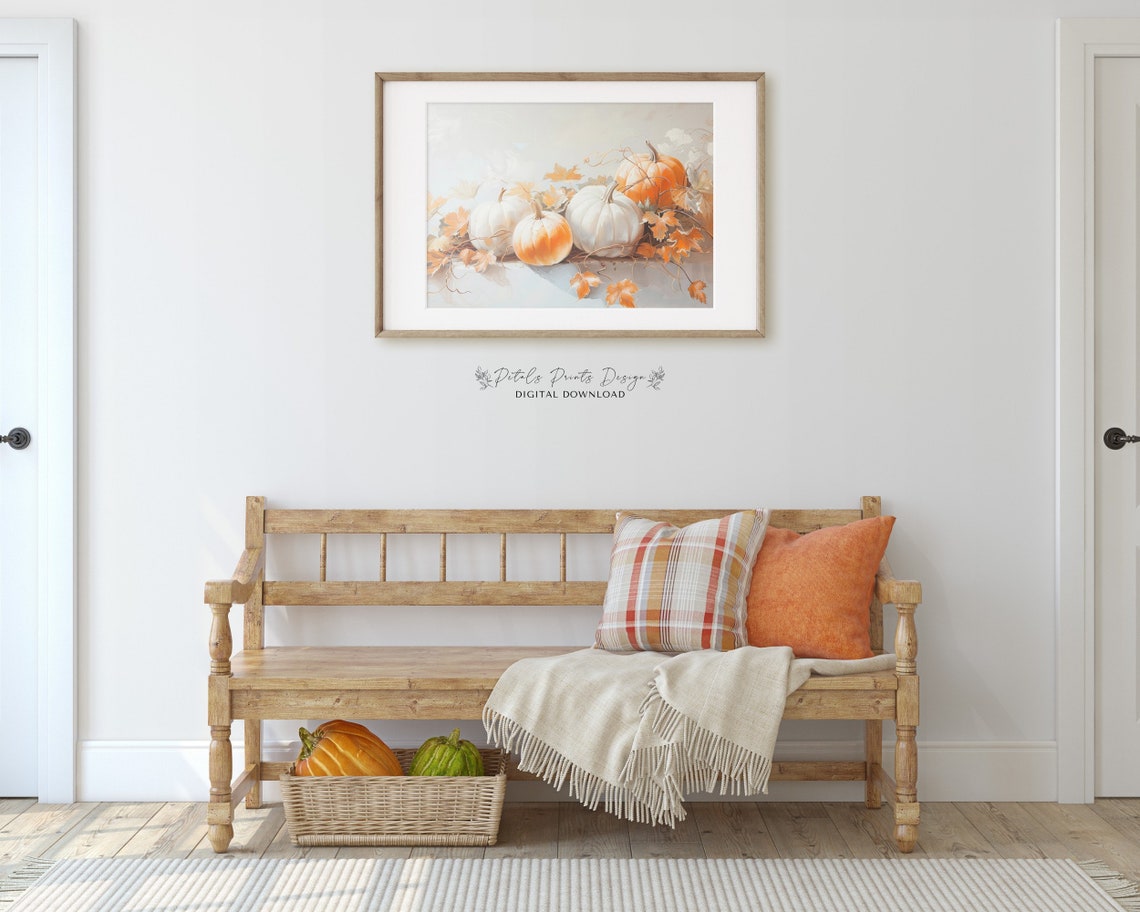 White Orange Pumpkins Vines Autumn Leaves Airy Fall Art Print - Image 4