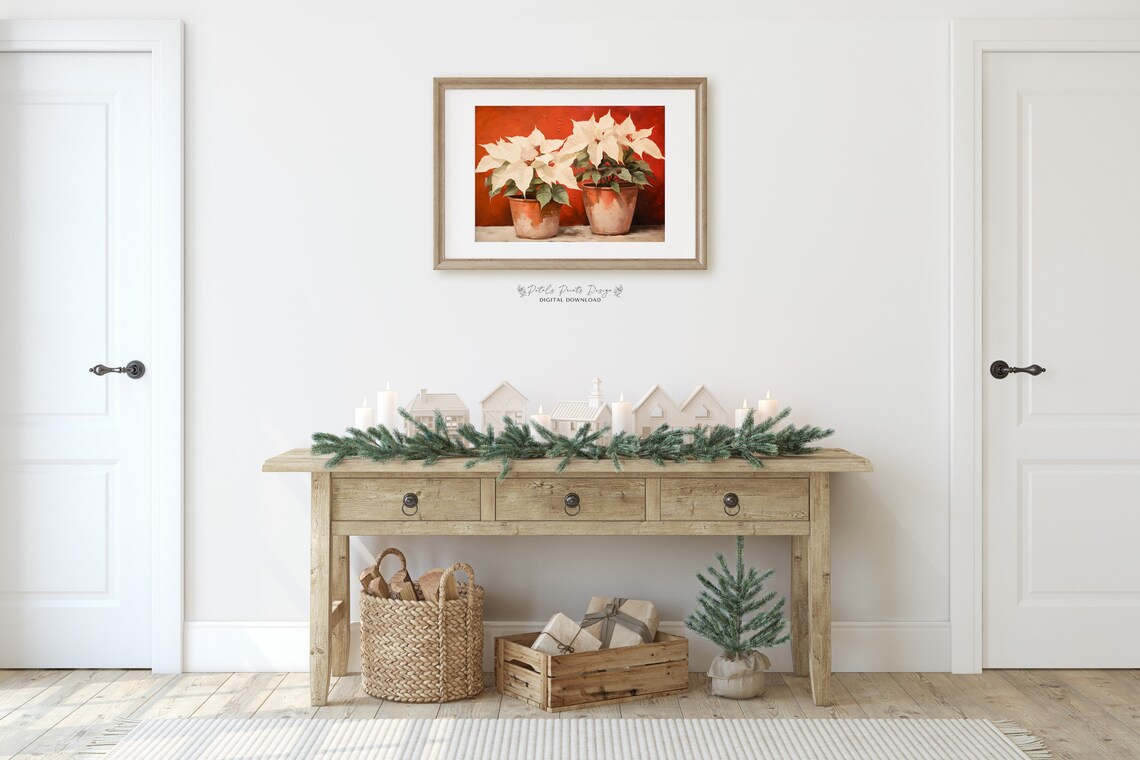 Poinsettia Rustic Christmas Art Print, Vintage Holiday - Image 2