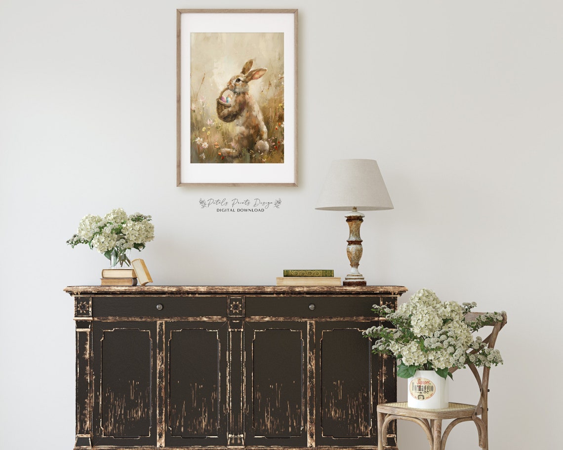 Bunny Carrying Easter Egg Basket Looking Back Vintage Art Poster - Image 2