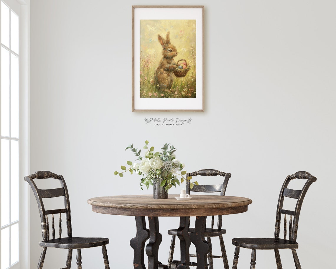 Brown Bunny with Easter Egg Basket Sunny Wildflower Meadow Poster - Image 3