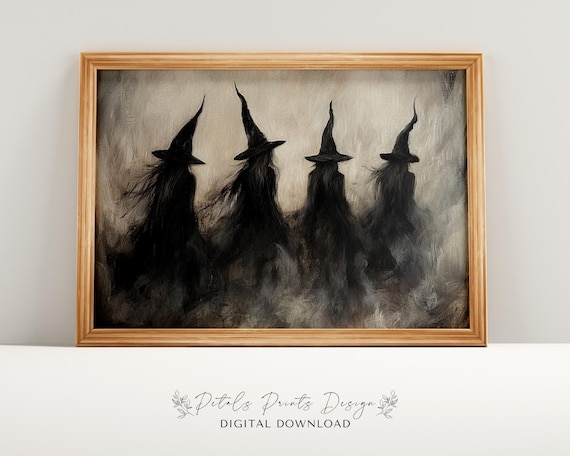 Four Witch Silhouettes In Misty Night Dark Halloween Painting Poster