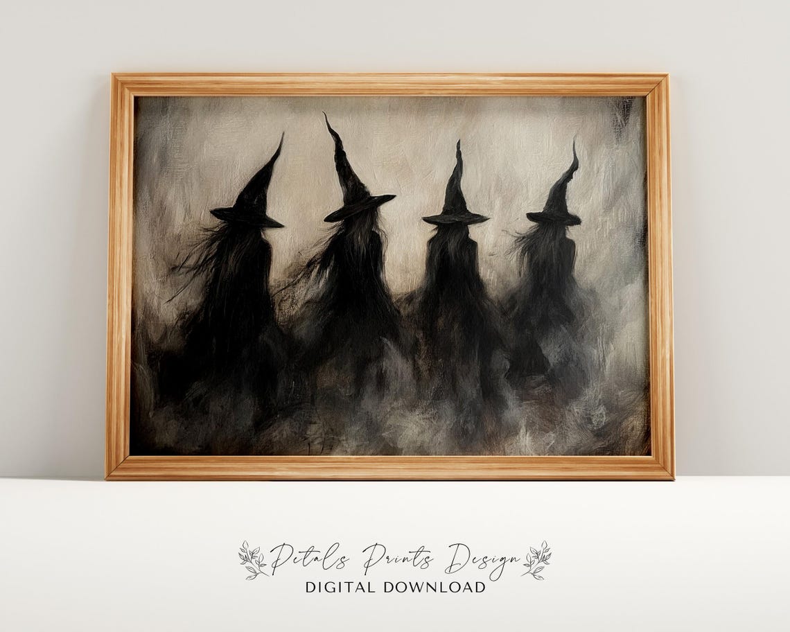 Four Witch Silhouettes In Misty Night Dark Halloween Painting Poster