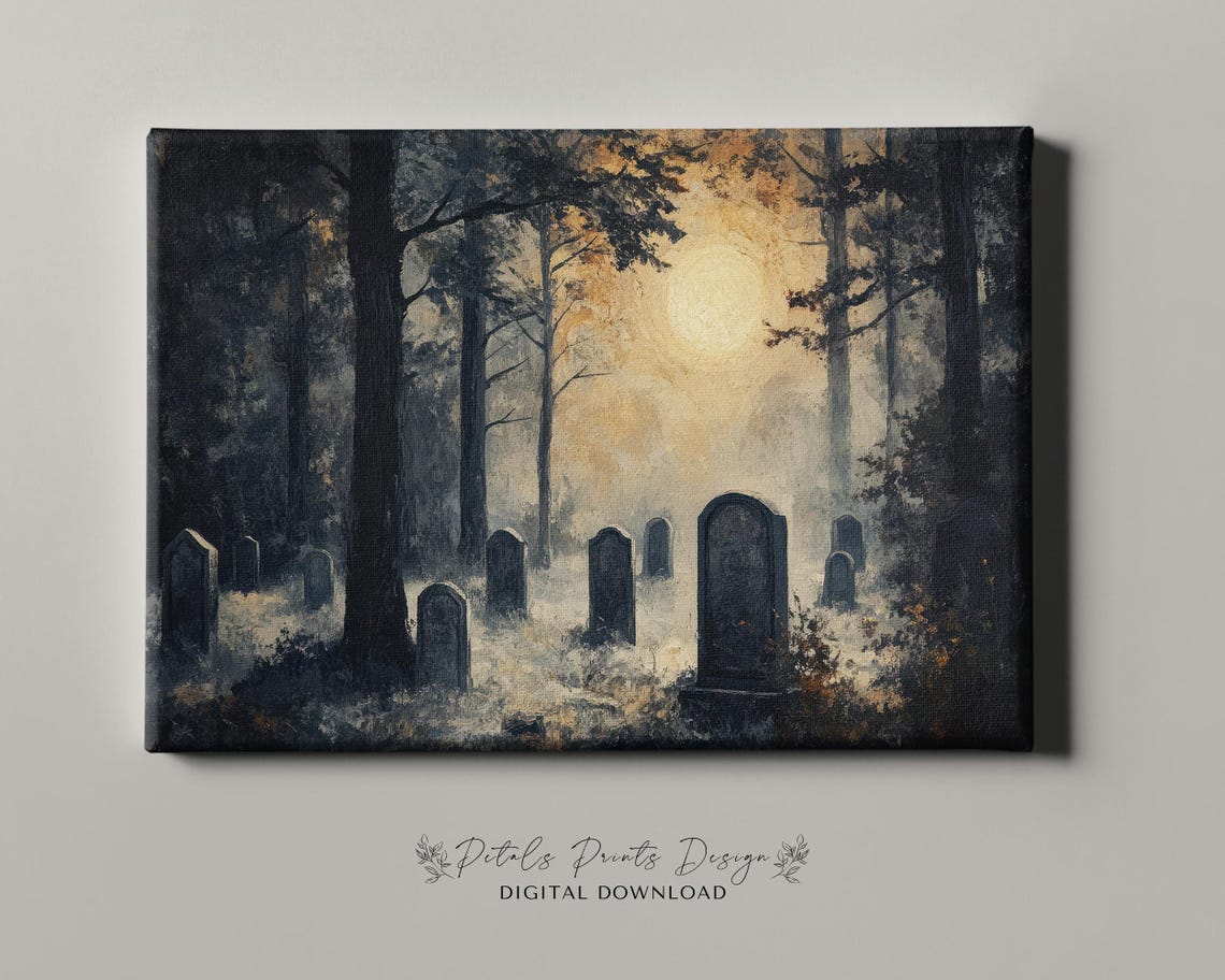 Moonlit Graveyard At Night Glowing Moon Spooky Cemetery Wall Art - Image 4