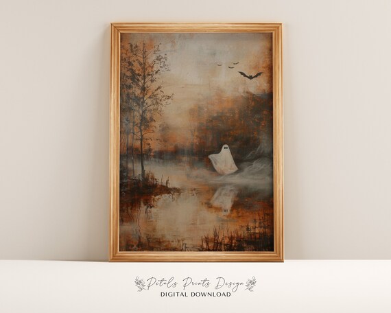 Spooky Cute Ghost Misty Autumn Lake Vintage Halloween Art Print
