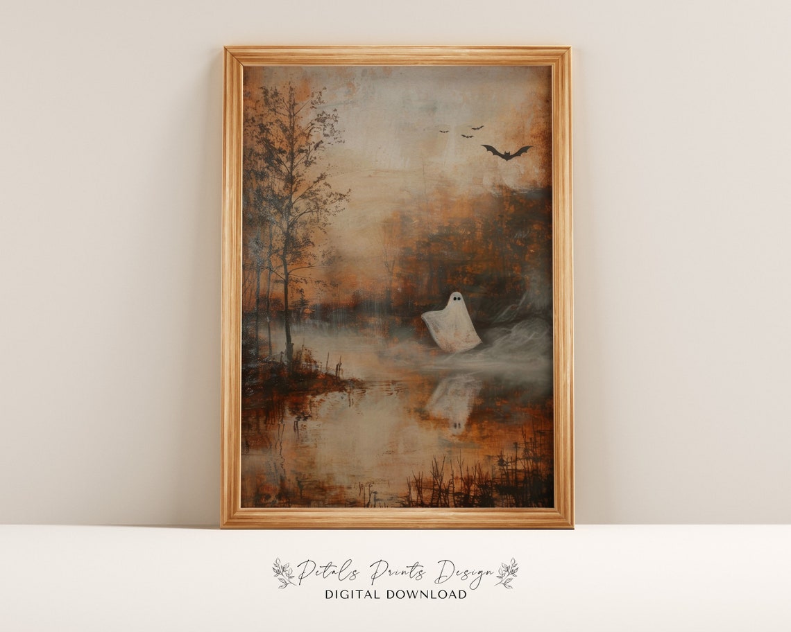 Ghosts Art Print Halloween Art Print Halloween Decor Cute Ghosts In Field Spooky Vintage Halloween Wall Art