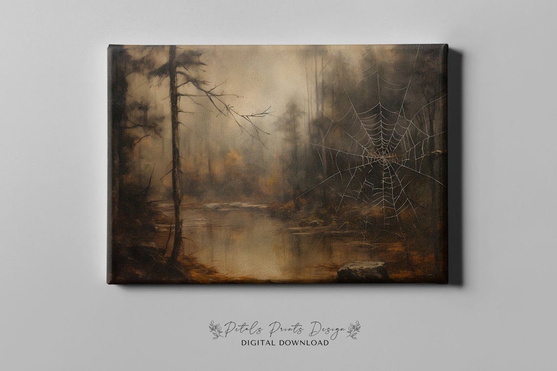 Spider Web Misty Pond Reflection Forest Vintage Halloween Poster - Image 4