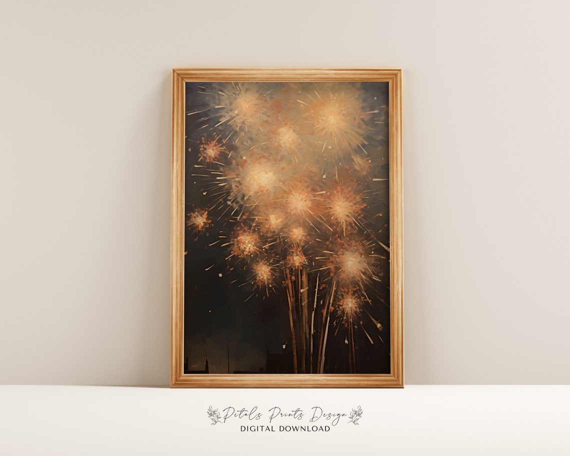 Golden Fireworks Night Sky Celebration Abstract Painting Poster