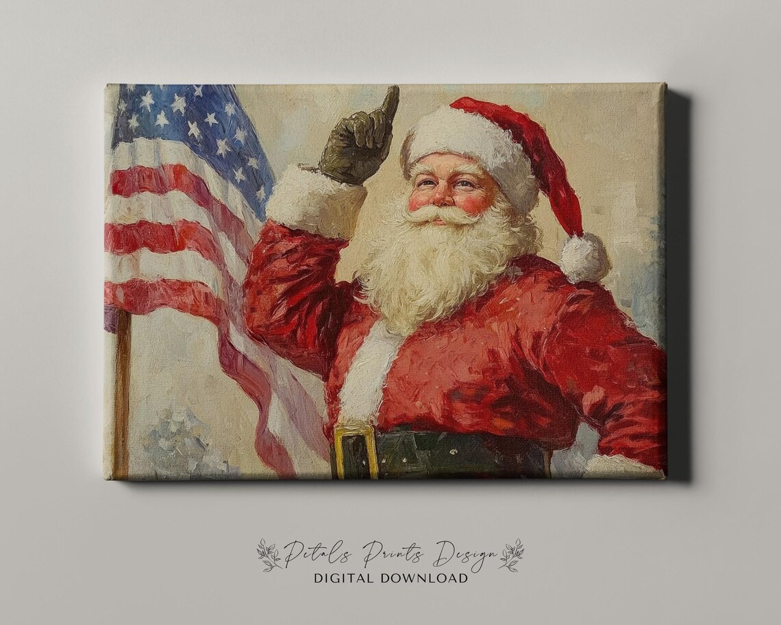 Santa Claus Tipping His Hat Beside American Flag Patriotic Art Poster - Image 4