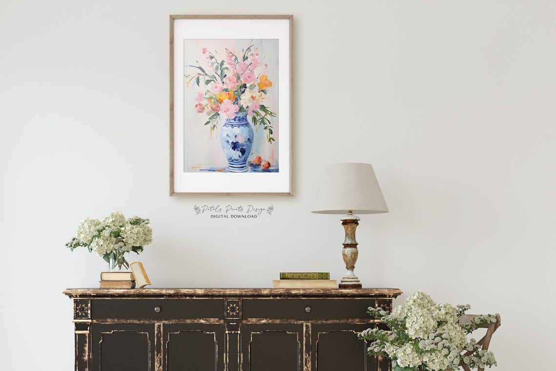 Pink Peonies in Blue White Chinoiserie Vase Floral Still Life Poster - Image 2
