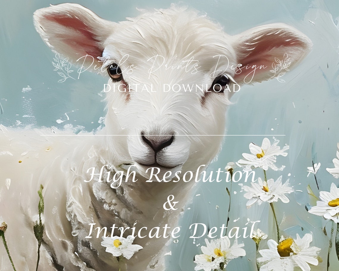 White Lamb Standing in Daisy Field Spring Floral Farm Animal Poster - Image 3