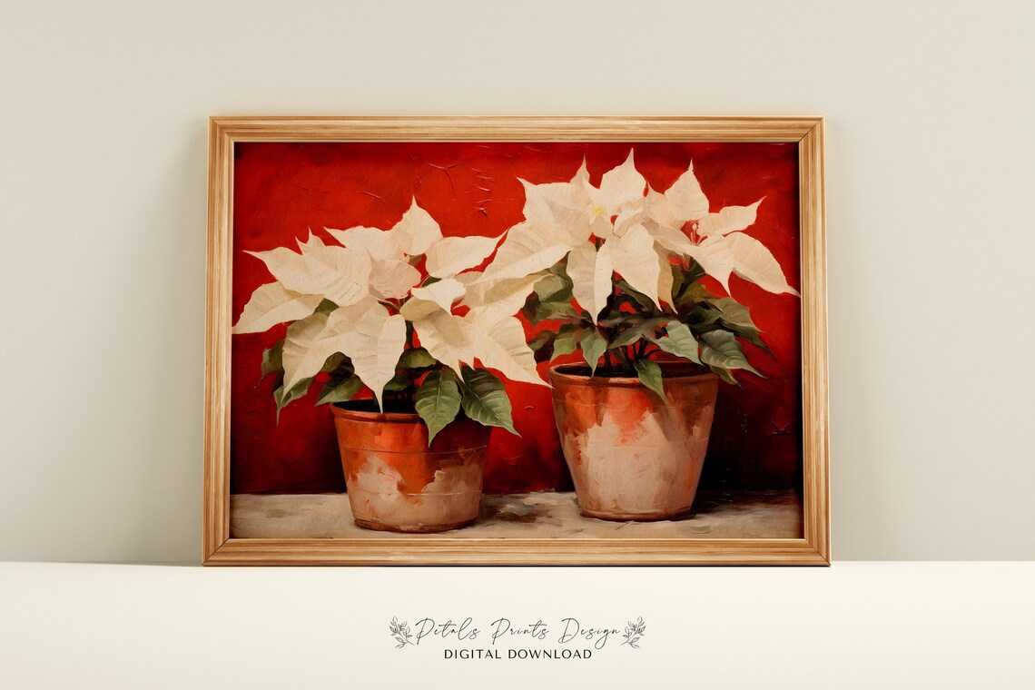 Poinsettia Rustic Christmas Art Print, Vintage Holiday
