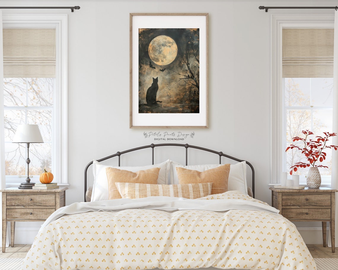 Black Cat Full Moon Bats Vintage Halloween Spooky Night Art Print - Image 2