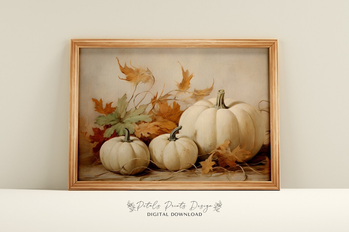 Vintage Pumpkin Still Life Painting Rustic Autumn Wall Art