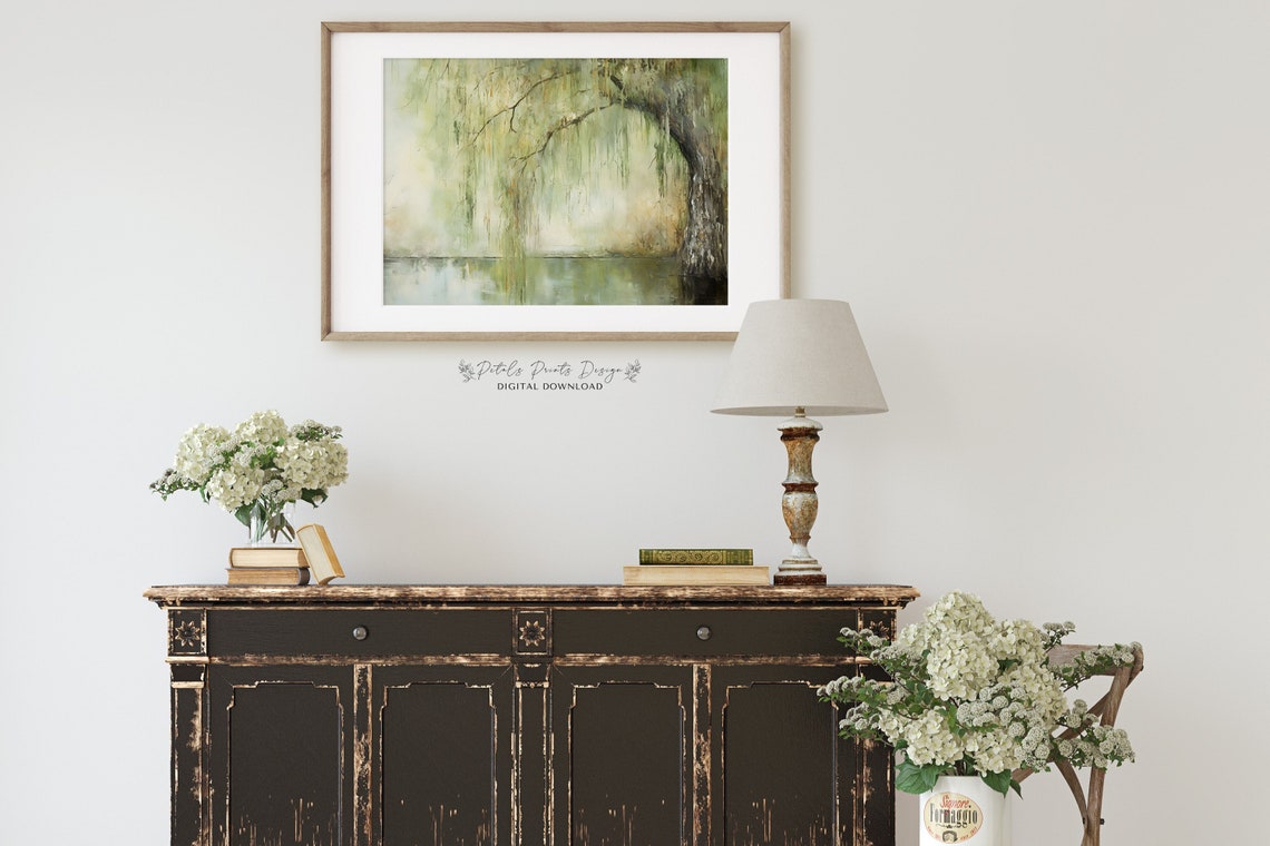 Willow Tree Branches Over Still Water Misty Green Scene Poster - Image 2