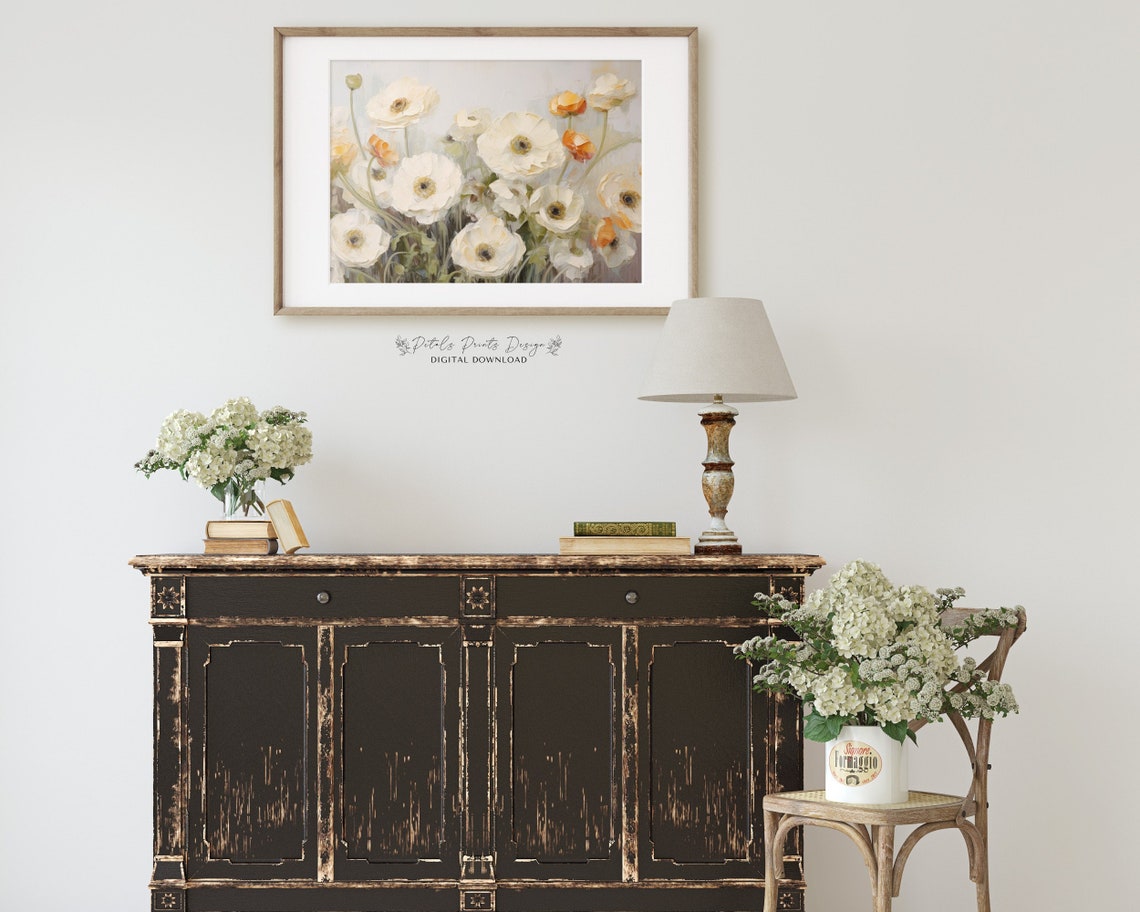 White Anemones with Orange Accents Soft Meadow Floral Poster - Image 2