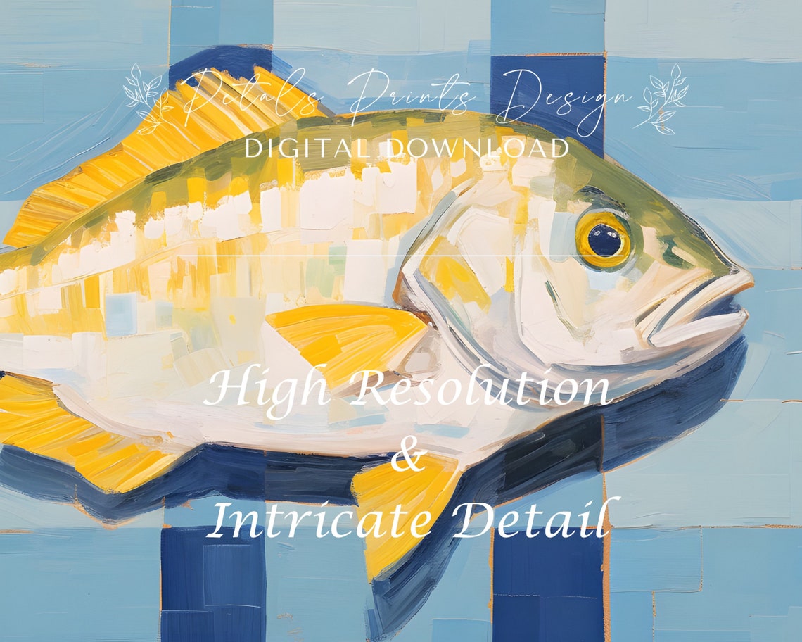 Yellow Finned Fish on Blue Checkered Background Modern Art Poster - Image 3