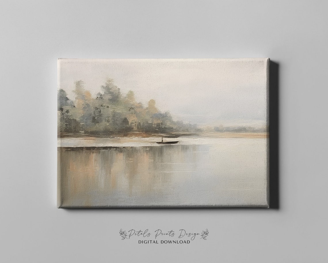 Misty Lake Lone Rowboat Soft Gray Minimalist Water Scene Poster - Image 4