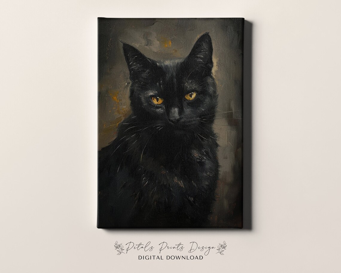 Black Cat Yellow Eyes Close Up Dark Portrait Gothic Art Print - Image 4