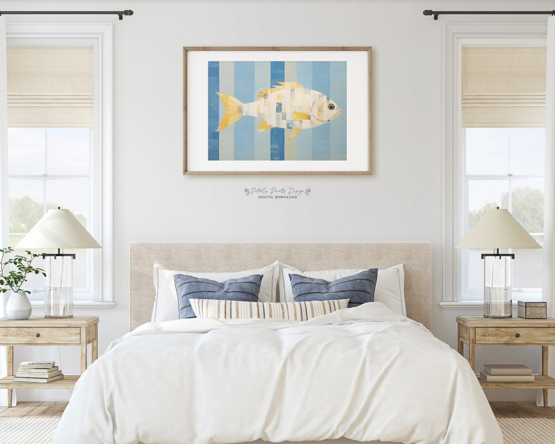 Pale Mosaic Fish on Blue Striped Background Minimalist Art Poster - Image 2