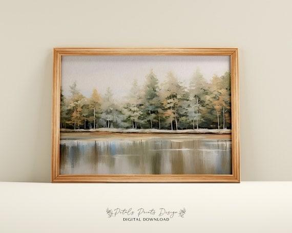 Vintage Landscape Oil Painting Vintage Landscape Print Rustic Lakeshore Landscape Painting Nature Lake Able