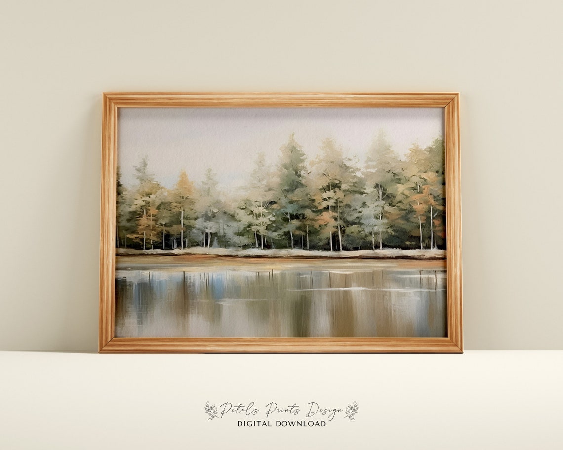 Serene Misty Pine Treeline Calm Lake Reflection Sage Green Poster