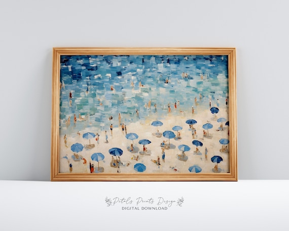 Crowded Summer Beach Swimmers Blue Umbrellas Ocean Art Poster