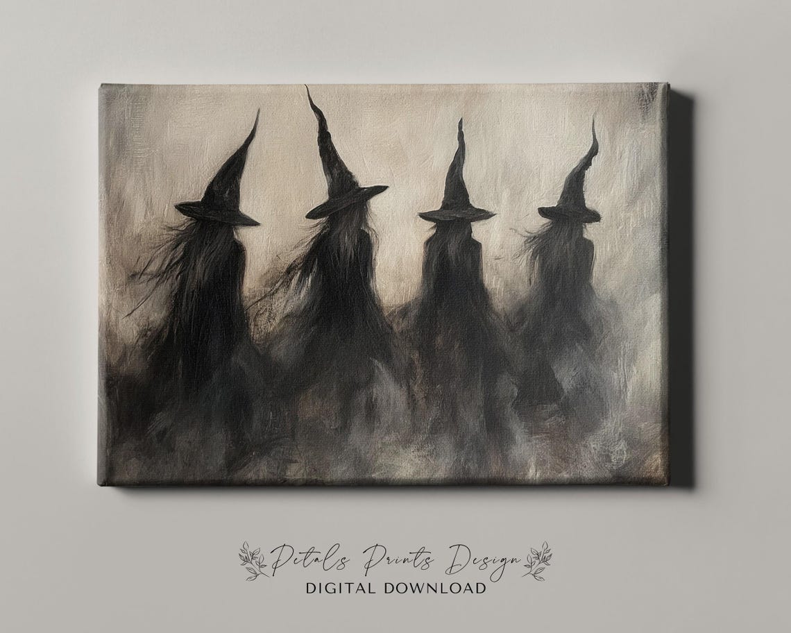Four Witch Silhouettes In Misty Night Dark Halloween Painting Poster - Image 4