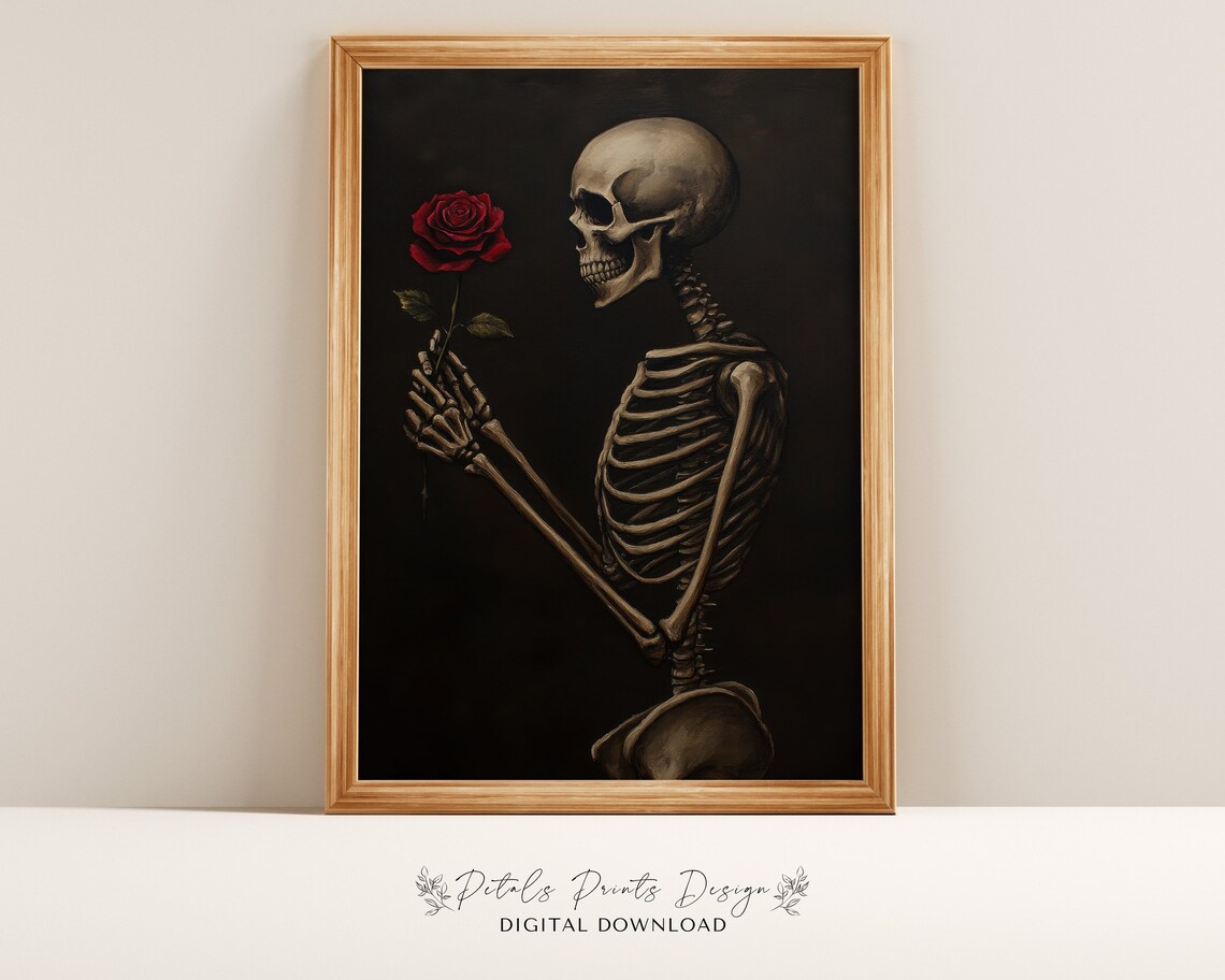 Skeleton Holding Red Rose Valentine Gothic Love Painting Poster