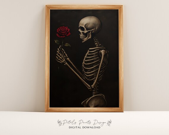 Skeleton Holding Red Rose Valentine Gothic Love Painting Poster