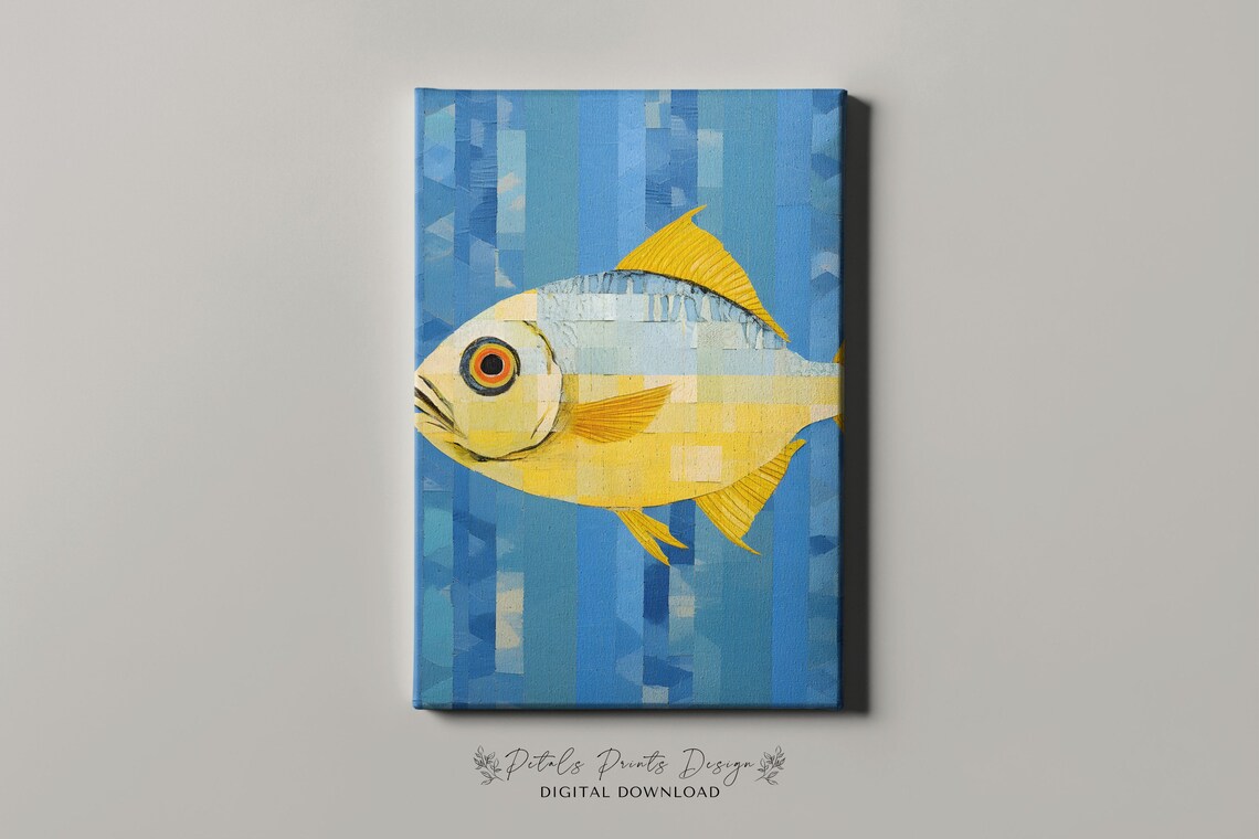 Portrait Yellow Blue Mosaic Fish Striped Tile Ocean Art Poster - Image 4