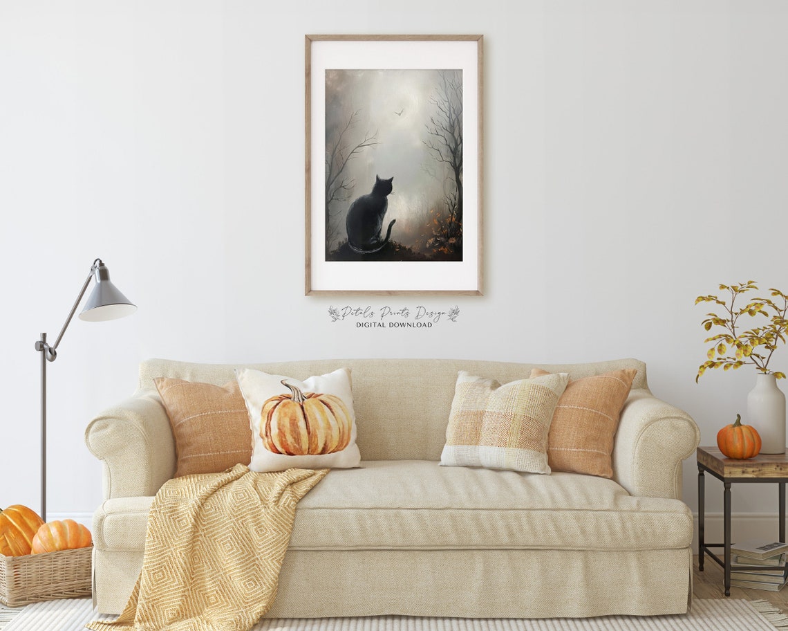 Black Cat Misty Dark Forest Silhouette Haunting Autumn Art Print - Image 2