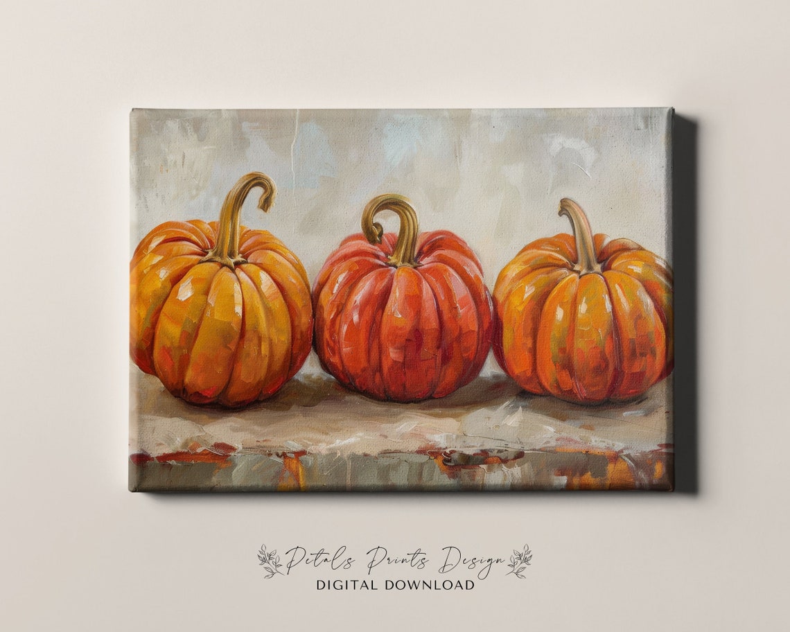 Vibrant Pumpkin Row Tall Stems Impasto Fall Still Life Art Print - Image 4
