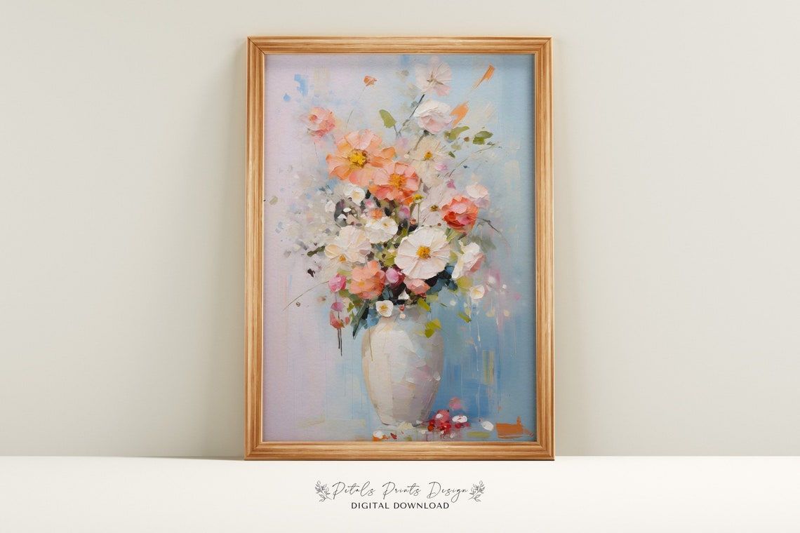 Pink Cosmos Bouquet in White Vase Soft Blue Floral Still Life Poster