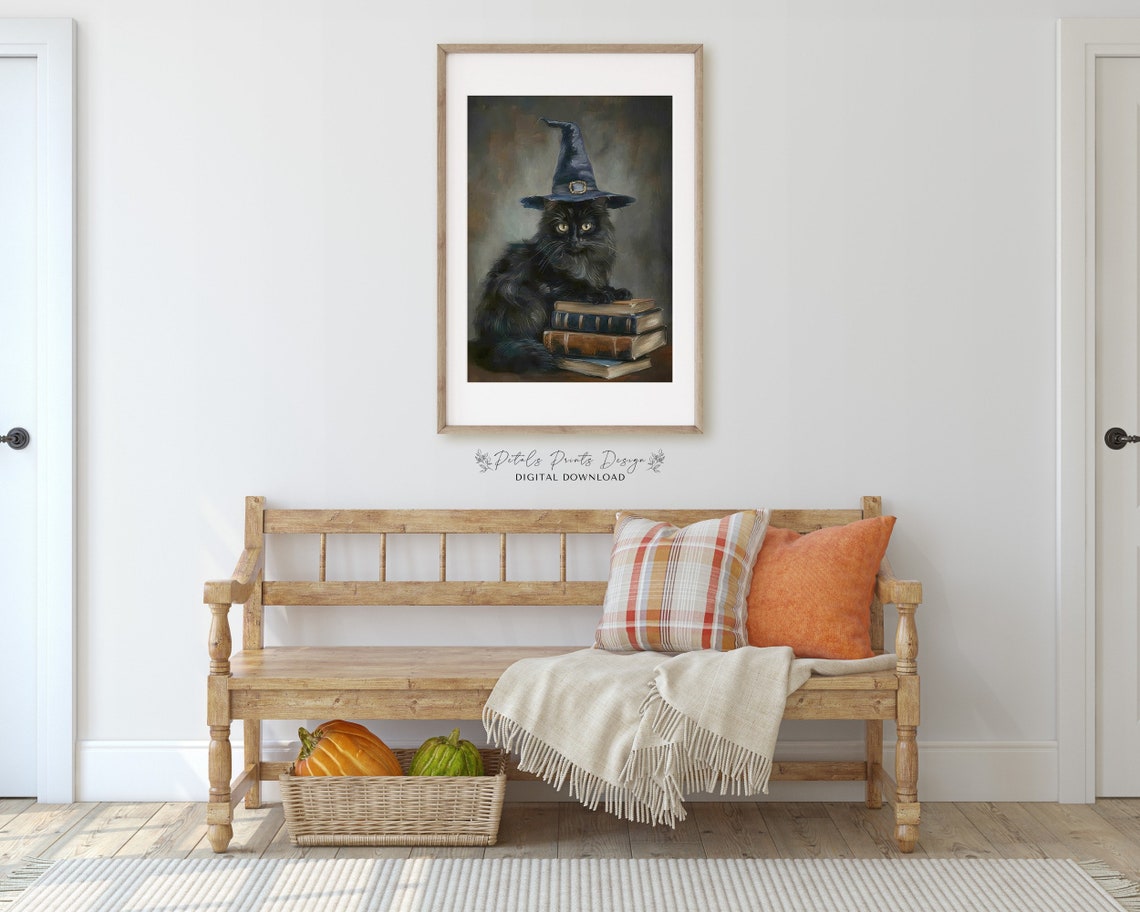 Black Cat Witch Hat Portrait On Antique Books Halloween Poster - Image 3