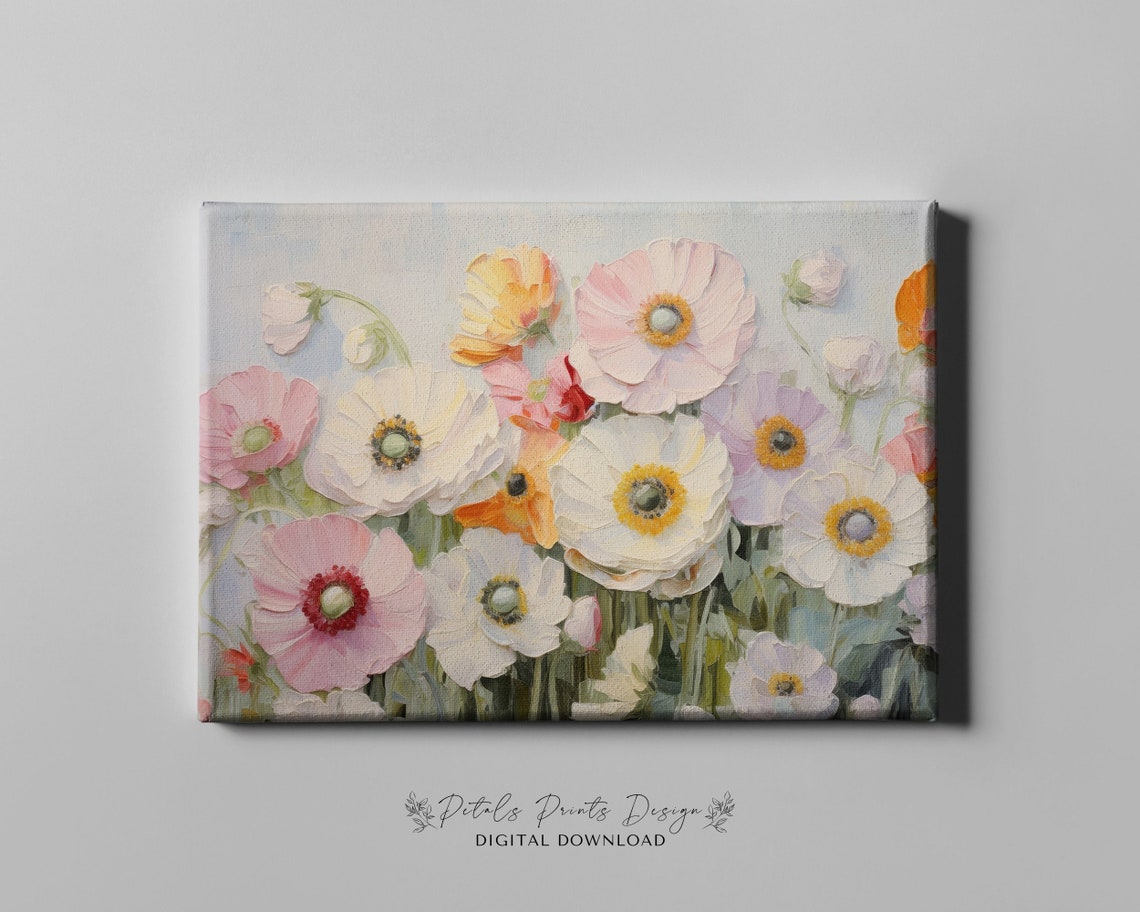 White Pink Orange Anemones Wide Horizontal Floral Painting Poster - Image 4