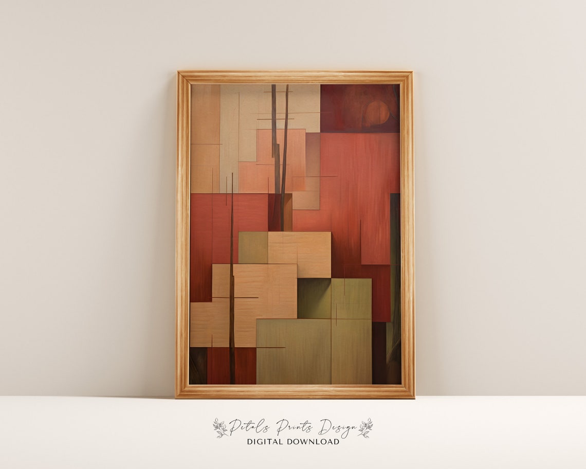 Warm Rust Olive Geometric Lines Abstract Vertical Modern Poster
