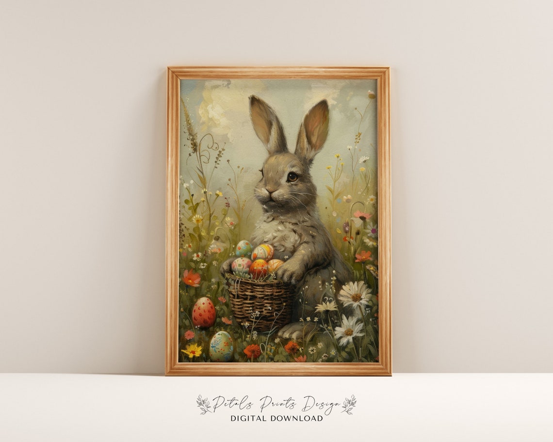 Grey Bunny with Basket of Easter Eggs Vintage Spring Painting Poster